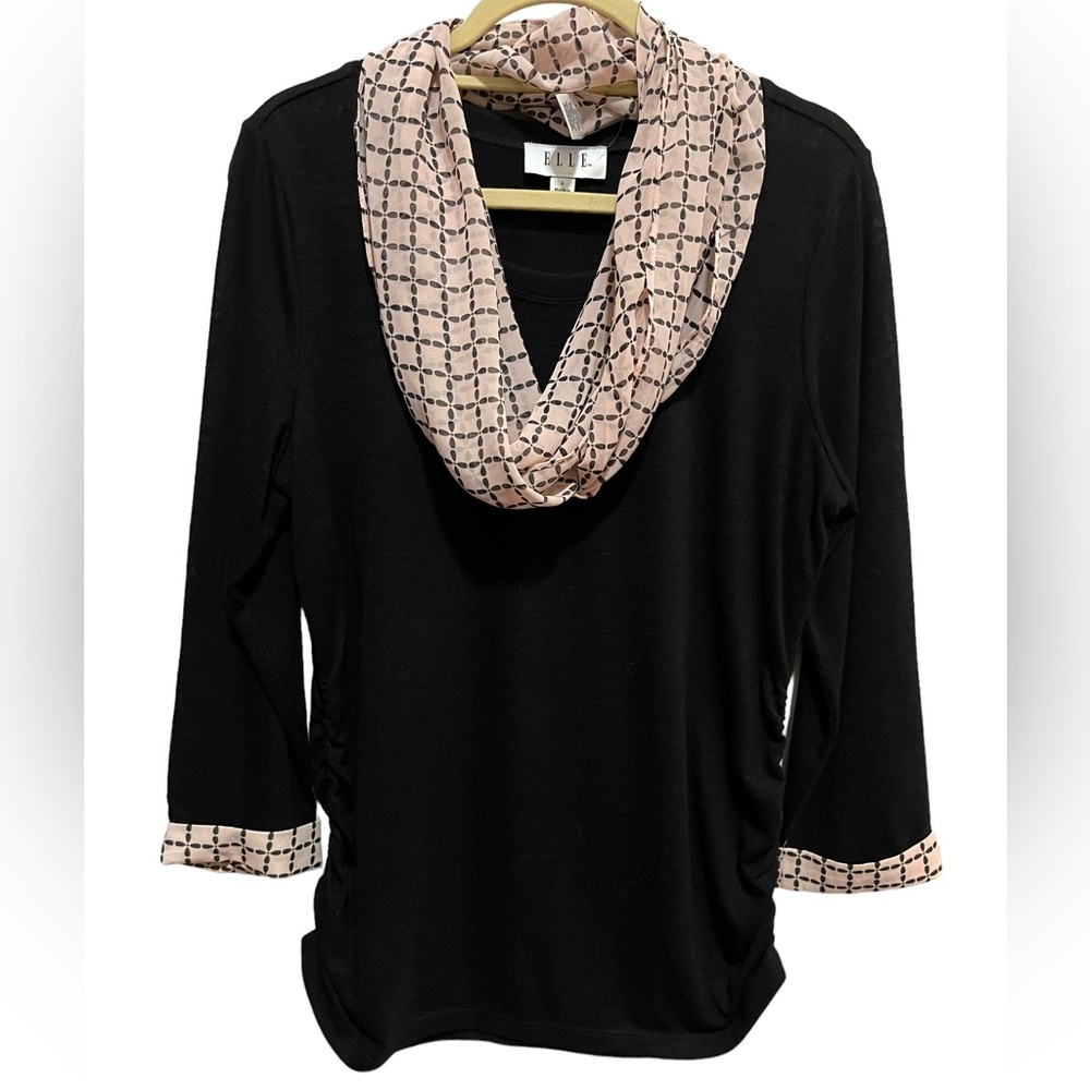 Elle - 3/4 length sleeve Black with pink / black scarf and trim, sweater